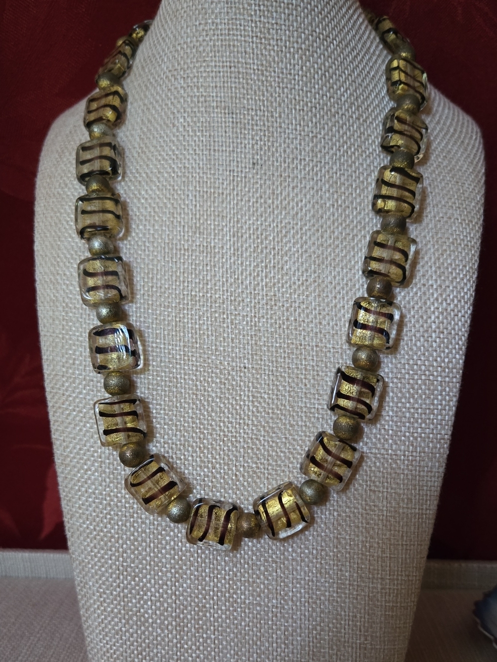 Murano/ Venetian Gold Foil And Striped Glass and Metallic Gold Bead Necklace
